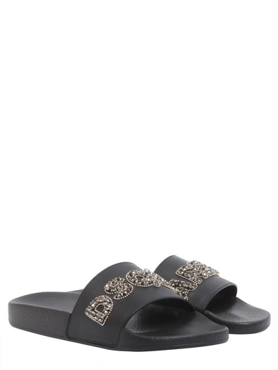 Shop Dsquared2 Slide Sandals With Embellished Logo In Nero
