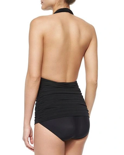 Shop Norma Kamali Bill Ruched Halter Maillot Swimsuit In Black