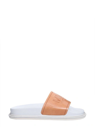 Shop Mm6 Maison Margiela Slide Sandals With Logo In Cuoio
