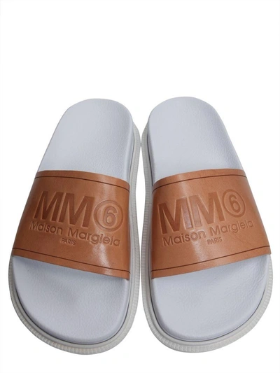 Shop Mm6 Maison Margiela Slide Sandals With Logo In Cuoio