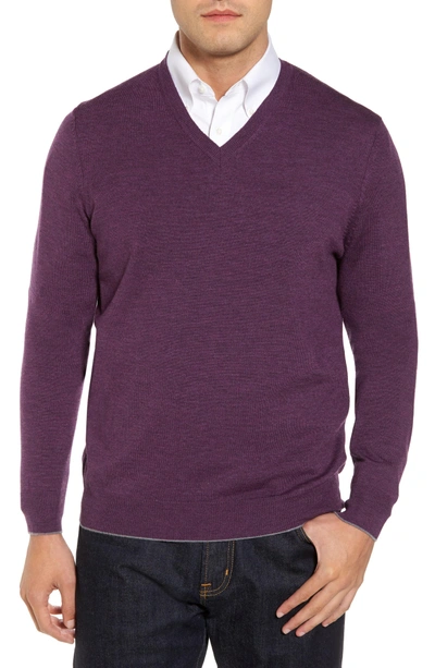 Shop Thomas Dean Merino Wool Blend V-neck Sweater In Purple
