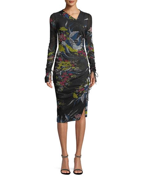 Diane Von Furstenberg Long-sleeve Ruched Floral-print Body-con Dress In ...