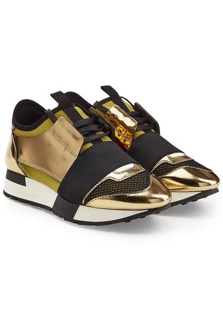Balenciaga Race Runner Metallic Leather, Mesh And Neoprene Sneakers In Gold  | ModeSens
