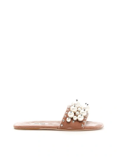 Shop Miu Miu Velvet Slides In Cammeo|rosa