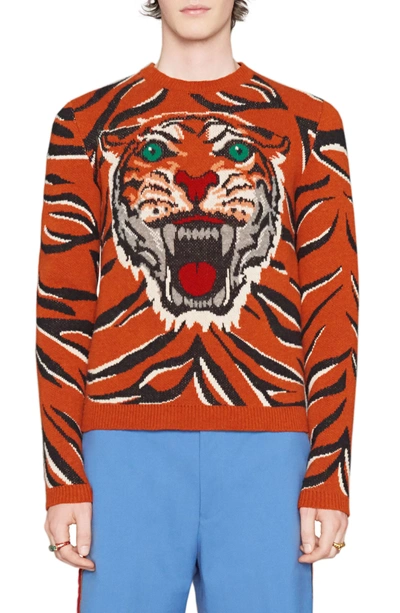 Shop Gucci Tiger Print Wool Crewneck Sweater In Orange