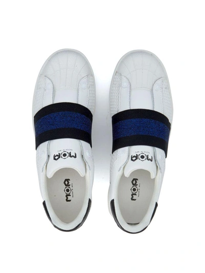 Shop Moa Slip On In White Leather With Blue Elastic Strap In Bianco