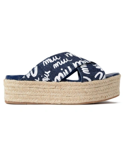 Shop Miu Miu Denim Logo Sandals In Bleu