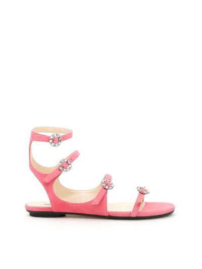 Shop Jimmy Choo Suede Naia Sandals In Flamingo/crystal (pink)