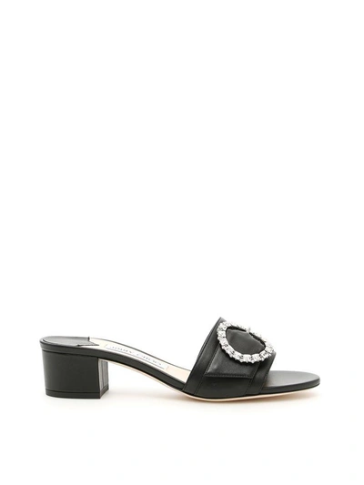 Shop Jimmy Choo Nappa Mules With Crystal Buckle In Black Crystalnero