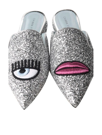 Shop Chiara Ferragni Logo Lips Glittered Mules In Silver