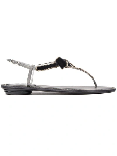 Shop René Caovilla Bow Embellished Flat Sandals In Grey