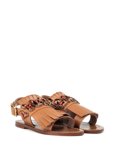 Shop Marni Embellished Leather Flat Sandals In Marrone