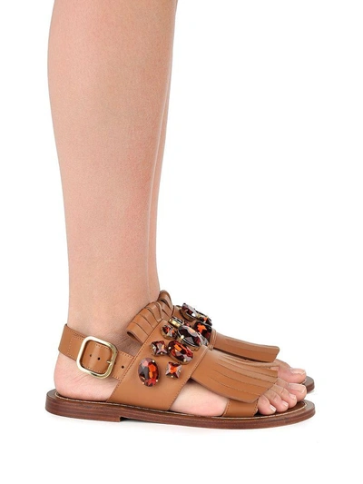 Shop Marni Embellished Leather Flat Sandals In Marrone