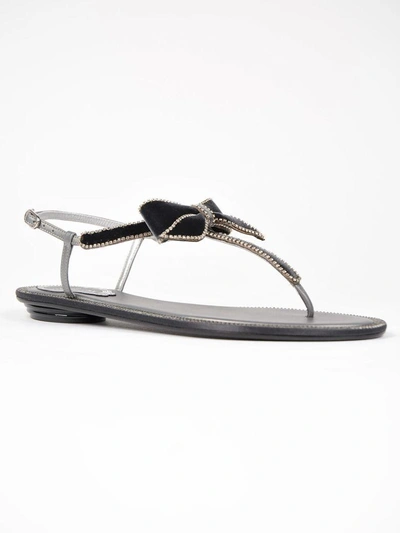 Shop René Caovilla Bow Embellished Flat Sandals In Dark Grey