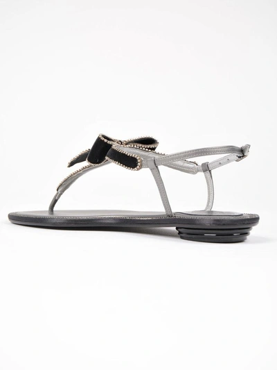 Shop René Caovilla Bow Embellished Flat Sandals In Dark Grey