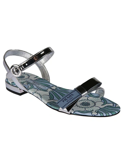 Shop Prada Metallic Bow Details Flat Sandals In Silver