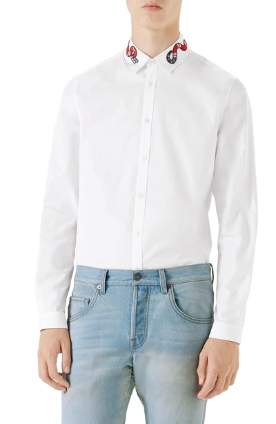 Shop Gucci Snake Embroidered Collar Shirt In White