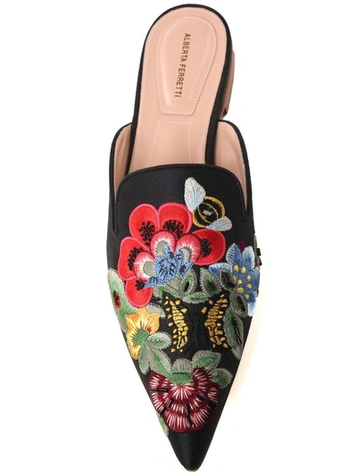 Shop Alberta Ferretti Mia Embroidered Denim Backless Loafers In Nero