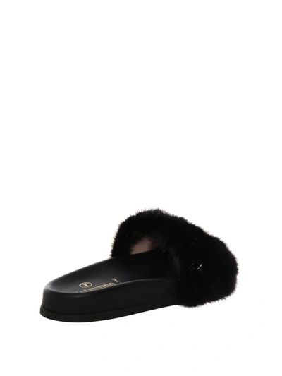 Shop Valentino Mink Trimmed Rockstud Slides In Nero