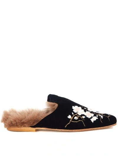 Shop Gia Couture La Francy Black Velvet Sabot With Floral Embroidery In Nero