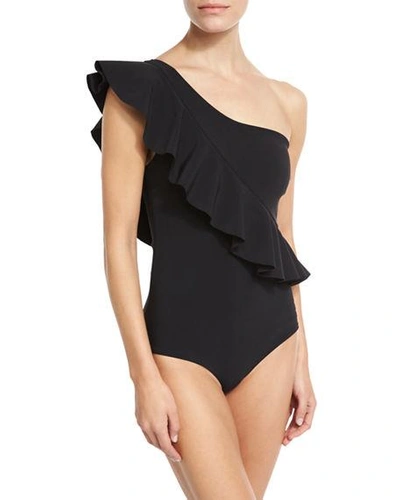 Shop Chiara Boni La Petite Robe Atlante One-shoulder Ruffle Swimsuit In Black