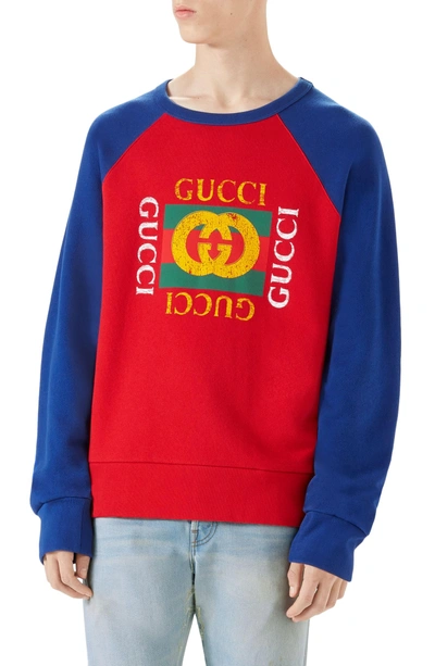 Shop Gucci Logo Graphic Crewneck Sweatshirt In Red/blue