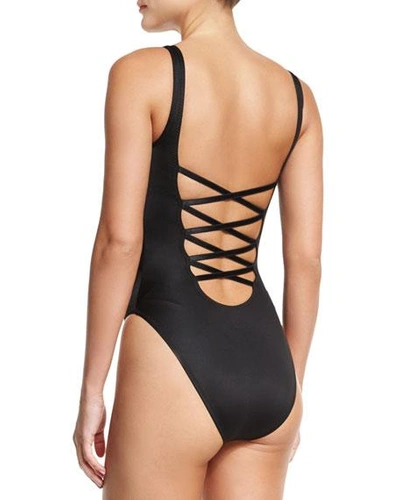 Shop Norma Kamali Super Low Lace-back One-piece Swimsuit In Black