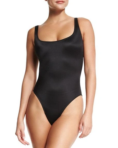 Shop Norma Kamali Super Low Lace-back One-piece Swimsuit In Black