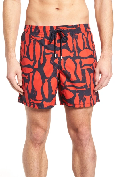 Shop Vilebrequin Silex Fishes Swim Trunks In Poppy Red