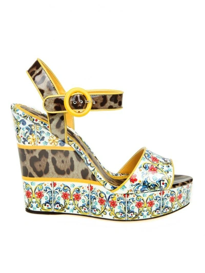 Shop Dolce & Gabbana Sandal With Printed Patented Wedge In Leo/maiolica