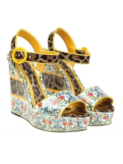 Shop Dolce & Gabbana Sandal With Printed Patented Wedge In Leo/maiolica