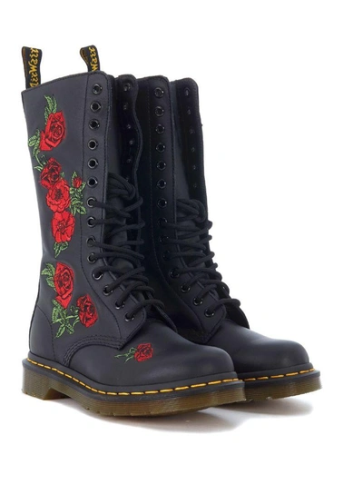 Dr. Martens Vonda Black Leather Ankle Boots With 14 Eyelets And Red Roses.  | ModeSens