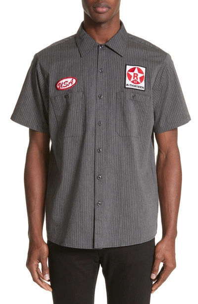 Shop R13 Mechanice Short Sleeve Woven Shirt In Charcoal Pinstripe