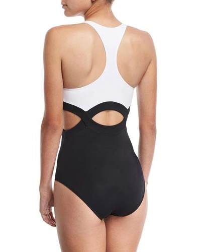 Shop Oye Swimwear Elvan High-neck Cutout One-piece Swimsuit In White/black