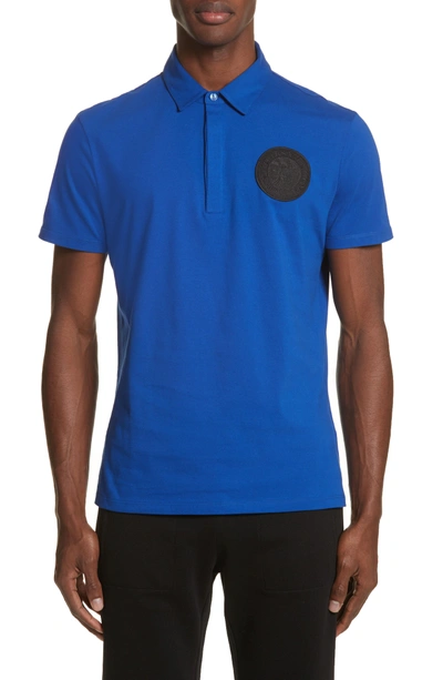 Shop Versace Logo Patch Jersey Polo In Royal Blue