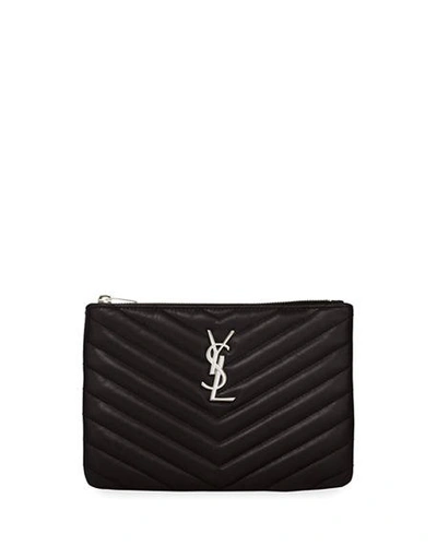 Shop Saint Laurent Monogram Ysl Small Chevron Quilted Zip-top Pouch Bag - Silver Hardware In Black
