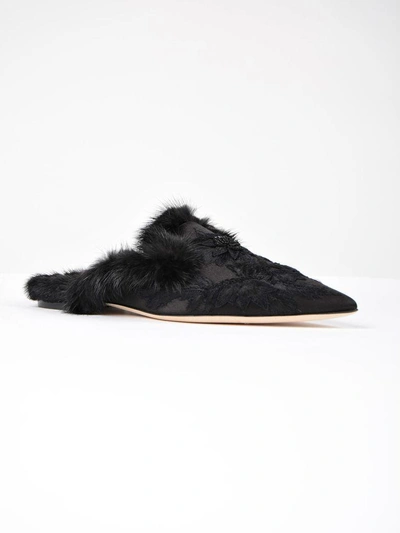 Shop Alberta Ferretti Floral Embroidered Slippers In Black