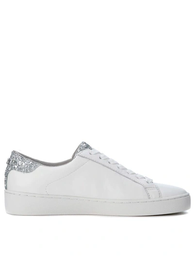 Shop Michael Kors Irving White Leather Sneaker With Silver Glitter Details In Bianco