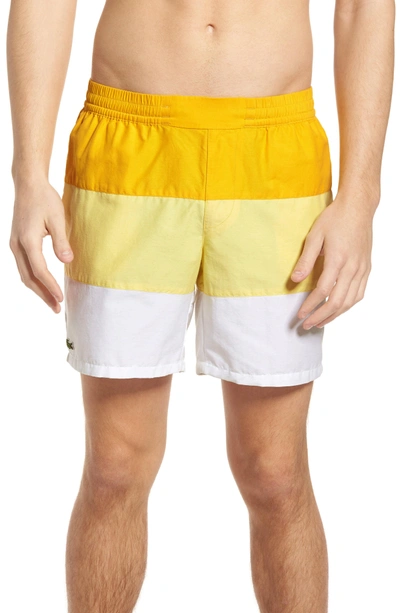 Shop Lacoste Colorblock Swim Trunks In Solstice Yellow/ Yellow-white