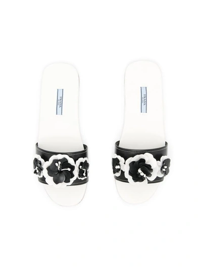 Shop Prada Leather Flower Slides In Nero+bianconero