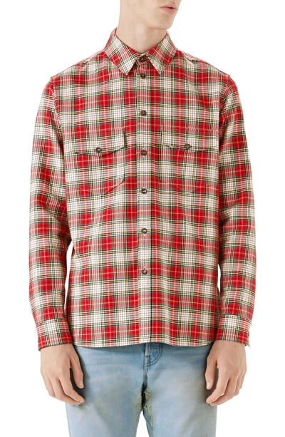 Shop Gucci Embroidered Snake Oversize Plaid Shirt In Red/green
