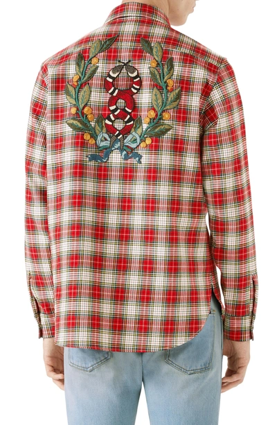 Shop Gucci Embroidered Snake Oversize Plaid Shirt In Red/green