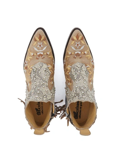 Shop Mexicana Corus Beige Leather Ankle Boots With Fringes And Floral Embroidery