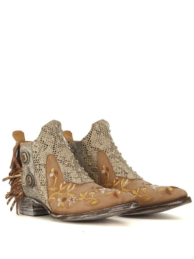 Shop Mexicana Corus Beige Leather Ankle Boots With Fringes And Floral Embroidery