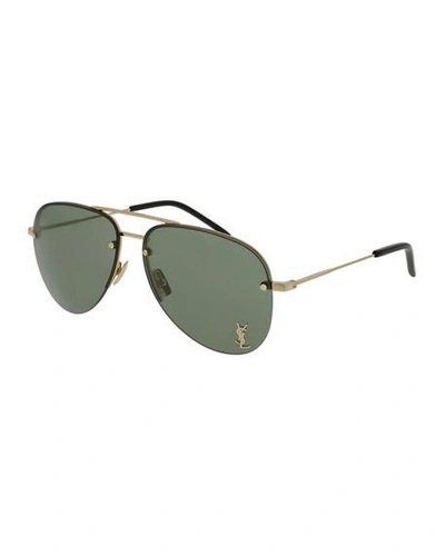 Shop Saint Laurent Classic 11 Monochromatic Aviator Sunglasses In Gold/green