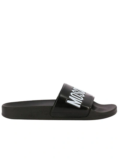 Shop Moschino Sandals  Slides Low Sandal In Pvc And Wide-grained Rubber With Contrasting Logo In Black