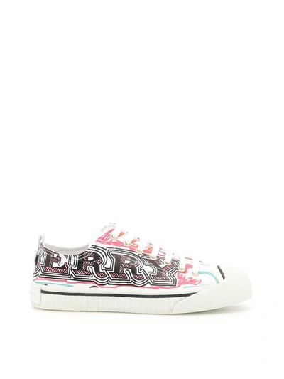 Shop Burberry Printed Canvas Kingly Sneakers In Optic Whitebianco