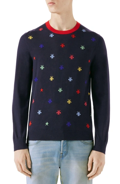 Shop Gucci Bee Embroidered Wool Crewneck Sweater In Ink