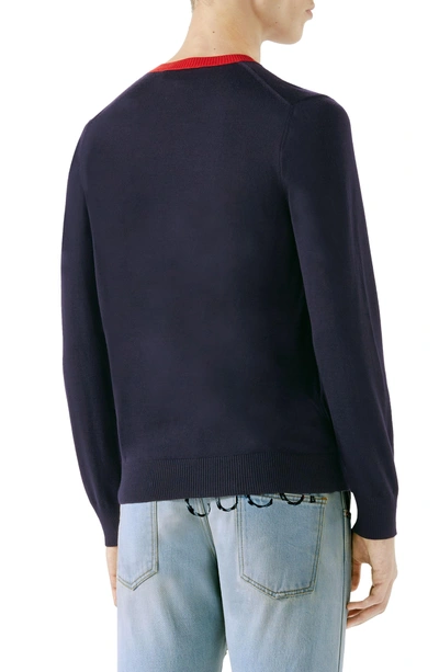 Shop Gucci Bee Embroidered Wool Crewneck Sweater In Ink