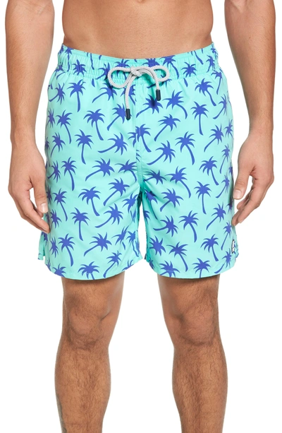 Shop Tom & Teddy Palm Tree Print Swim Trunks In Emerald/ Blue